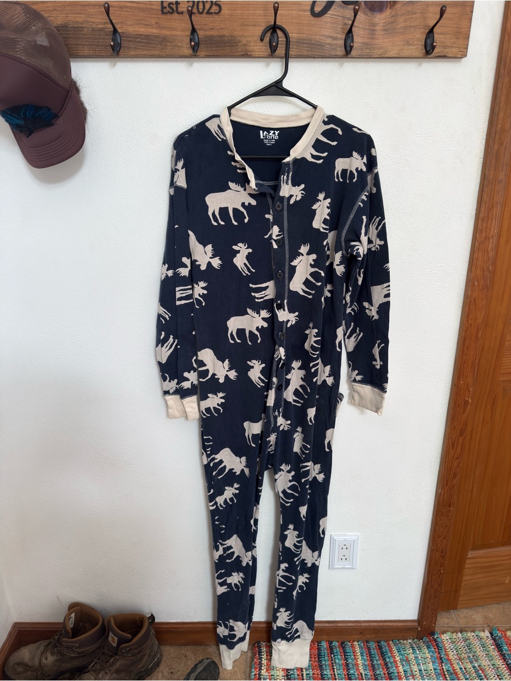 Lazy One Navy and Cream Moose Print Long John Pajamas